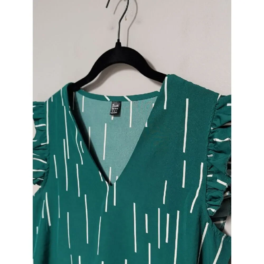 Women’s Teal Green V-Neck Ruffle Sleeve Blouse